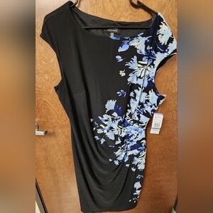 Chic Black Midi Dress with Blue Floral Accents